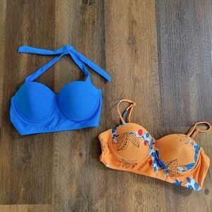Orange Floral and Blue Bikini Tops ONLY TOPS Size M.